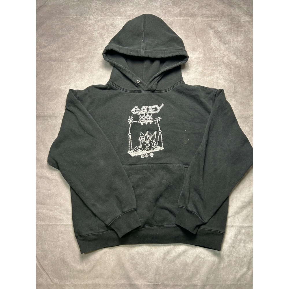 Obey Worldwide Hoodie Mens Medium Black Graphic Swing Streetwear Sweatshirt